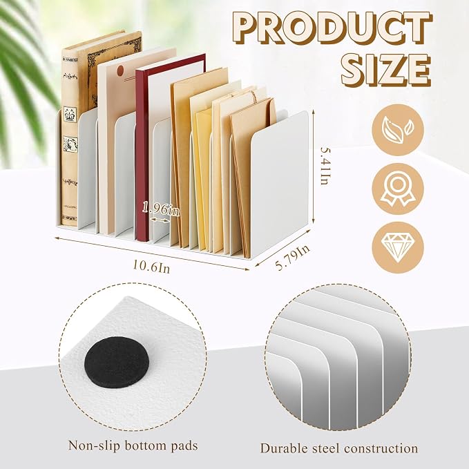 Suzile Metal Desktop File Organizer, 10 Compartments, Vertical File Sorter, White, 5.79" W x 10.63" L x 5.41" H, Office, Reception Areas, Workspace - Image 2