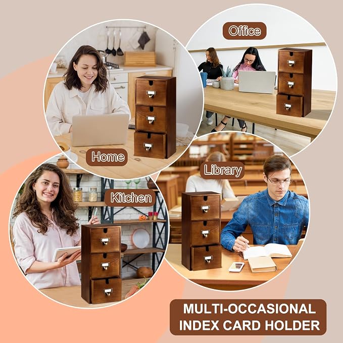3 Tier Index Card Holder 3x5 Wooden Card Catalog Box with 3 Drawers Brown Index Card Storage Box Flash Card Holder 25 Index Card Dividers 2 Letter Smile Stickers for Office - Image 4