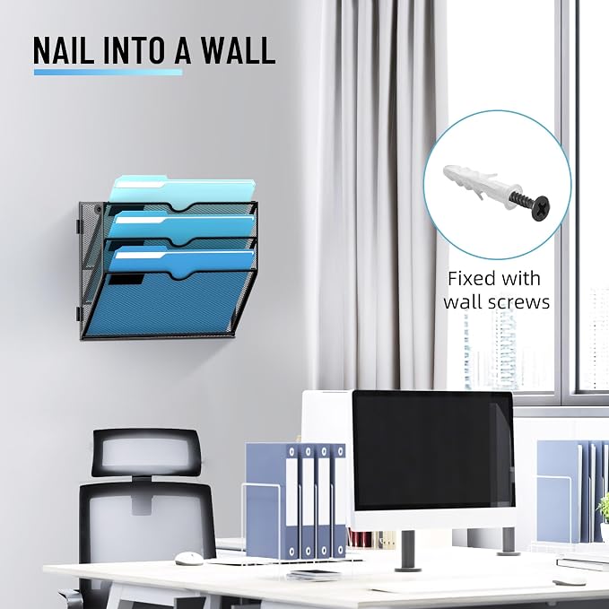3-Tier Hanging Wall File Organizer with Hooks for Office Organization | Mesh Wall File Holder, Mail Organizer Wall Mounted for Papers, Documents, Folders and Magazines in Home Office, Classroom - Image 5