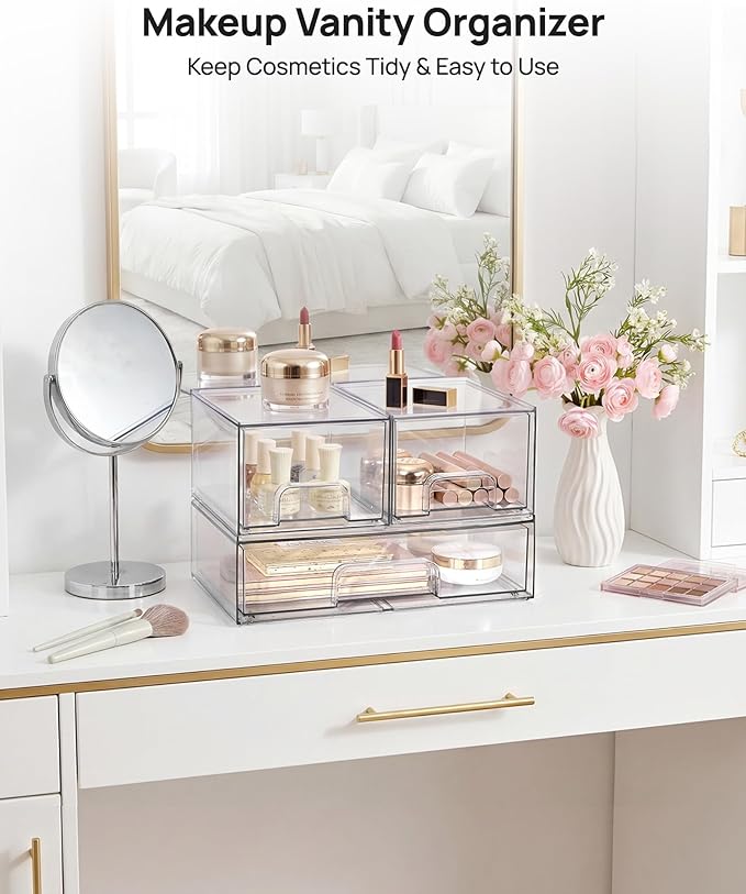 Vtopmart Stackable Storage Drawers Set of 4, Clear Plastic Organizer Bins for Bathroom Supplies,Ideal for Cabinet,Pantry,Laundry Room Organization - Image 4