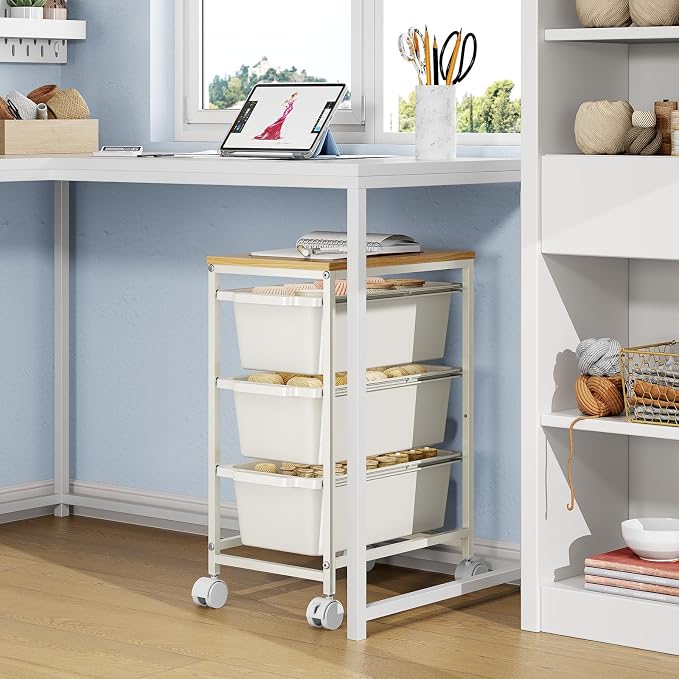 KINGBOARD Slim Rolling Cart with 3 Drawers, Metal Utility Storage Cart | Wooden Tabletop, Lockable Wheels, Under Desk Trolley for Bedroom, Children's Room and Office Organization, White - Image 7