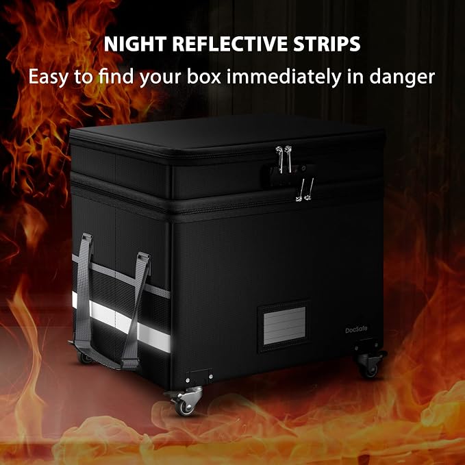 DocSafe Fireproof Document Box with Lock,2-Layer File Box with Wheels,Collapsible File Storage Organizer with Pockets,Large Portable Home Filing Cabinet for Hanging Folders,Black,16''x13.8''x12.2'' - Image 8