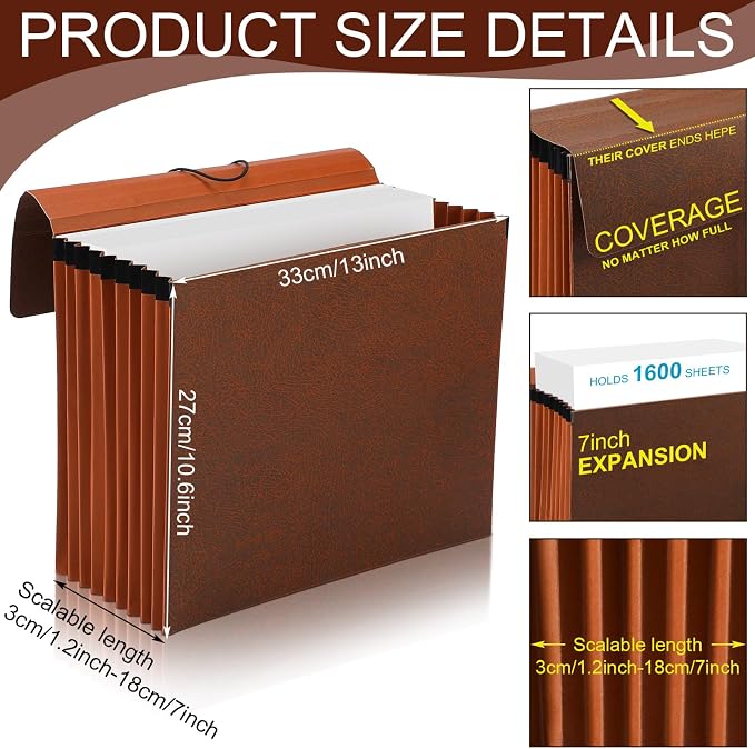 PerKoop 1 Pcs Expanding File Folder with Flap 7 Inch Expansion Expanding File Wallet with Elastic Cord Closure Letter Size Heavy Duty Document Organizer, 10 Slots, Brown - Image 2