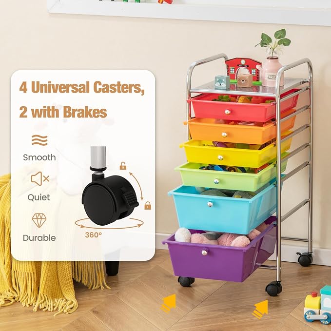 COSTWAY 6-Drawer Rolling Storage Cart, Art Craft Tools Organizer on Wheels | Multifunctional Heavy Duty Utility Mobile Storage Trolley w/ 2 Lockable Wheels for Home Office School (Multi-color) - Image 4