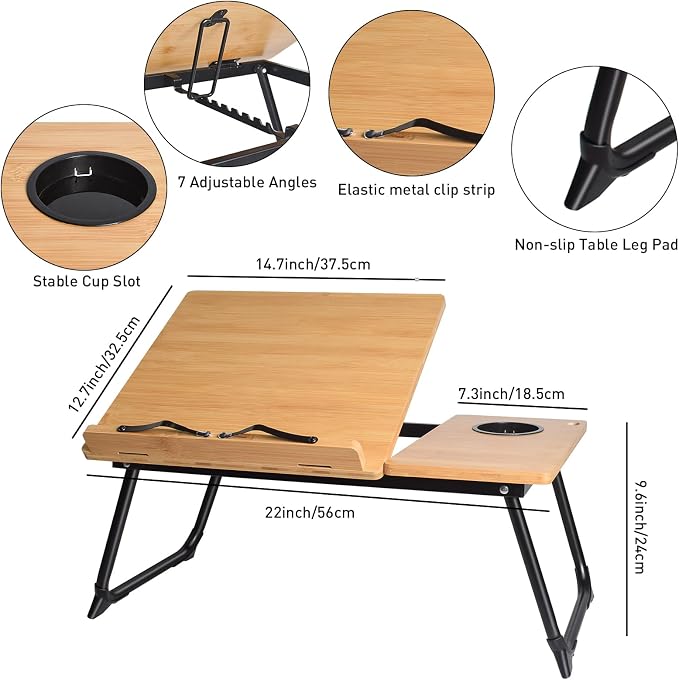 wishacc Book Stand for Reading in Bed, Laptop Stand Adjustable Book Holder Tray with Page Paper Clips Multi Angles Adjustable Cooking Bookstands for Textbook Recipe Magazine Tablet Portable - Image 7