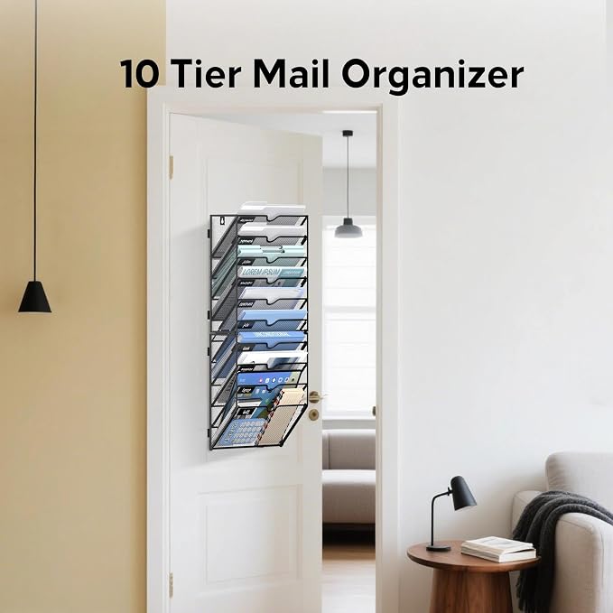 10 Tier Wall File Organizer Office Hanging Mail Holder Wall Mounted, Mesh Paper Document Organizer for Office Home School, Black | Wall Organizer and Wall Mounted File Holder with 10 Pockets and Label Panels for Files, Mail, Folders, Magazines and Paper - Image 7