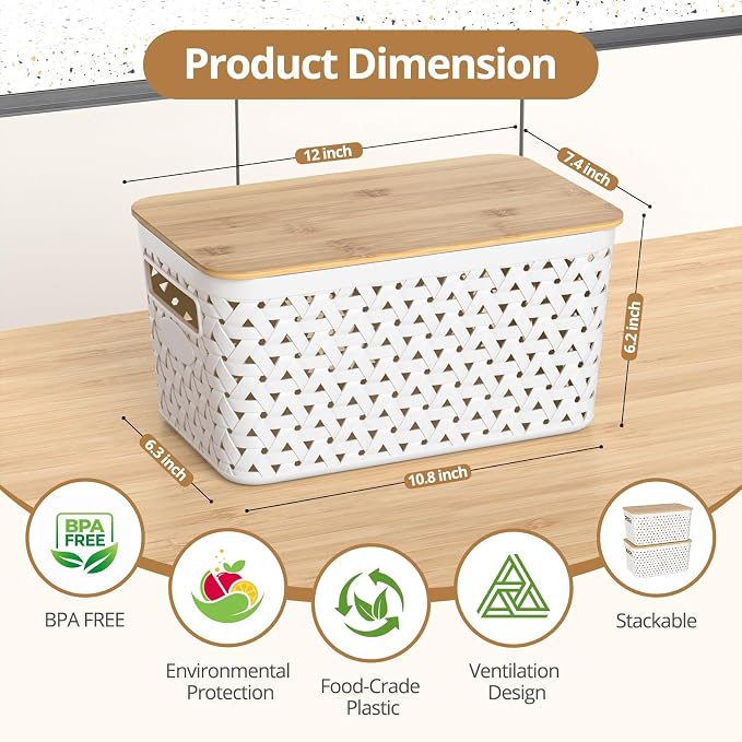 Plastic Storage Bins with Bamboo Lids, Stackable Small Box Baskets for Organizing and Containers for Shelves Drawers Desktop Closet Pantry Classroom Office Home, 4 Pack 12x7.3x6.2 Inch, White - Image 2