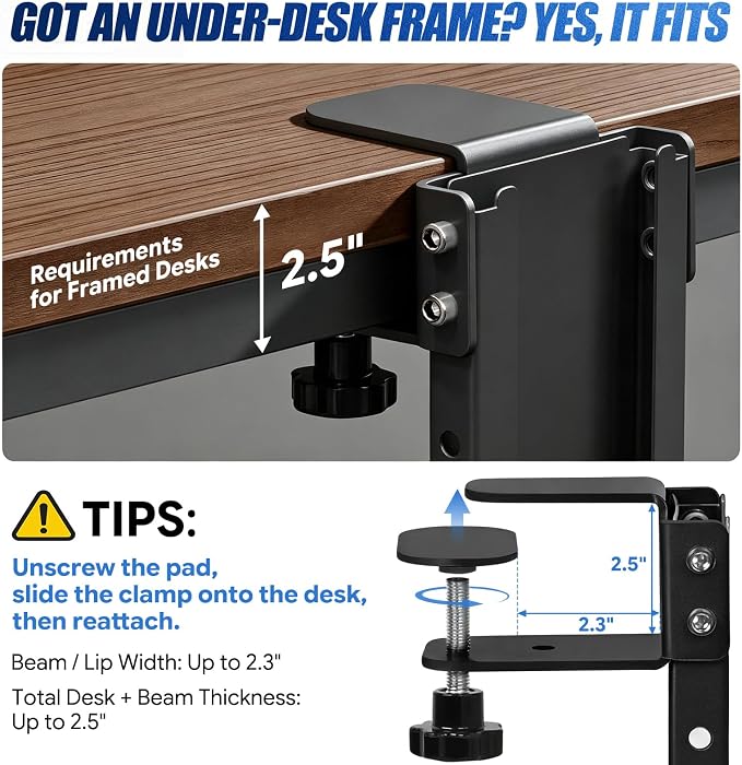 Adjustable Under Desk PC Mount, Heavy Duty No Drilling Clamp Mount on Desk Fits Most PC Tower 14.5”-22.4” (H) , Thickened & Ultra Strong CPU Holder for Standing Desk & Home Office, Black - Image 8
