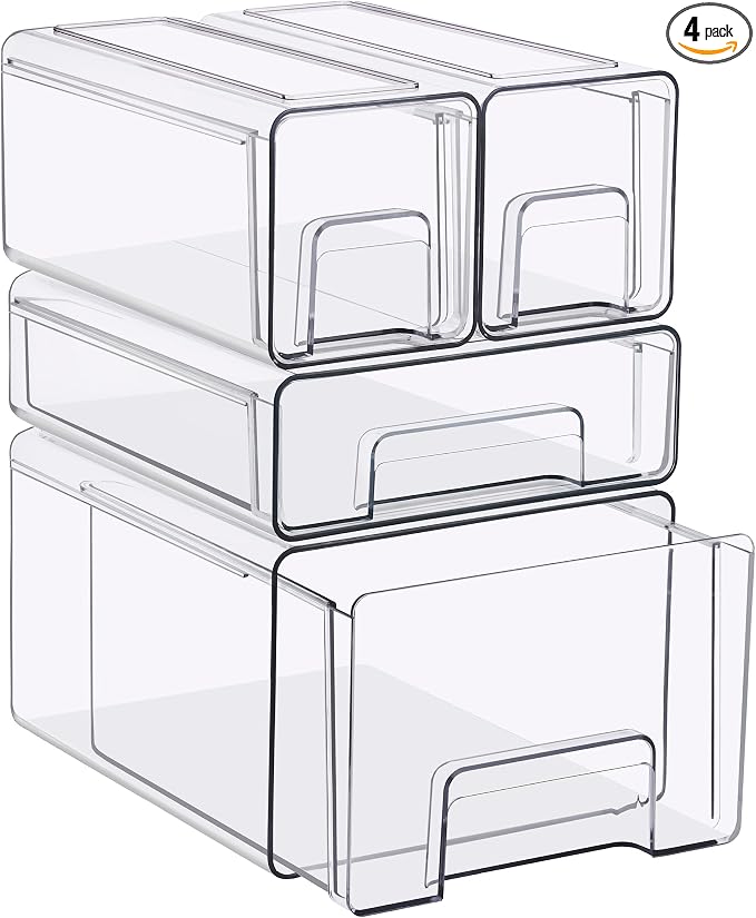 Sorbus Clear Stackable Storage Drawers, 4-Piece Set 1 Large, 1 Medium & 2 Small Pull-Out Plastic Organizer Bins with Handles for Bathroom, Closet, Pantry, Cabinet & Medicine Storage by Sorbus
