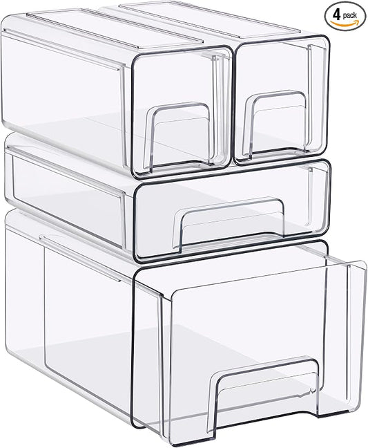 Sorbus Clear Stackable Storage Drawers, 4-Piece Set 1 Large, 1 Medium & 2 Small Pull-Out Plastic Organizer Bins with Handles for Bathroom, Closet, Pantry, Cabinet & Medicine Storage by Sorbus