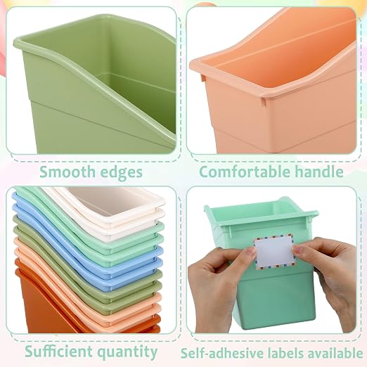gisgfim 12 Pack Large Book Bins with Labels (Boho) | Durable Plastic,Stackable Magazine Organizer,Storage Bins for Classroom,Library,Office,Bookshelf Categorization - Image 3
