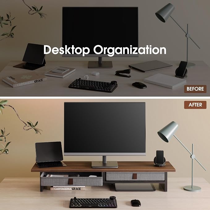 Fenge 35 Inch Monitor Stand with Drawer Storage, Computer Riser for Desk | Wooden Computer Shelf, 2 Tiers, for Dual Monitor/Laptop/PC/TV/Printer up to 55Lbs, Home Office Desk Organizer - Image 7