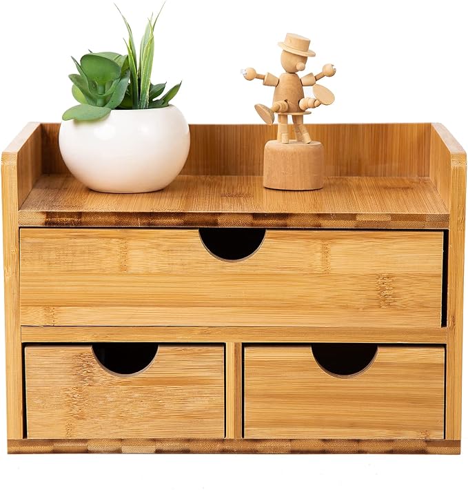 Rustic Bamboo Desk Organizer with Drawers,3-Drawer Desktop Storage Box | 3 Drawers Mini Open Top Shelf Pens, Notes, Makeup, Jewelry & Toiletries for Office, Bath Toiletries Vanity Office Supplies - Image 4