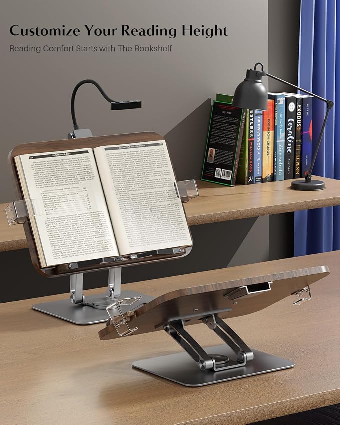 Book Stand for Reading,Adjustable Book Stand with Light,360° Rotating Metal Base,Foldable Cookbook Stand,Reading Hands Free with Page Clips for Recipe,Textbook,Cookbook（3CCT & CRI 90） - Image 5