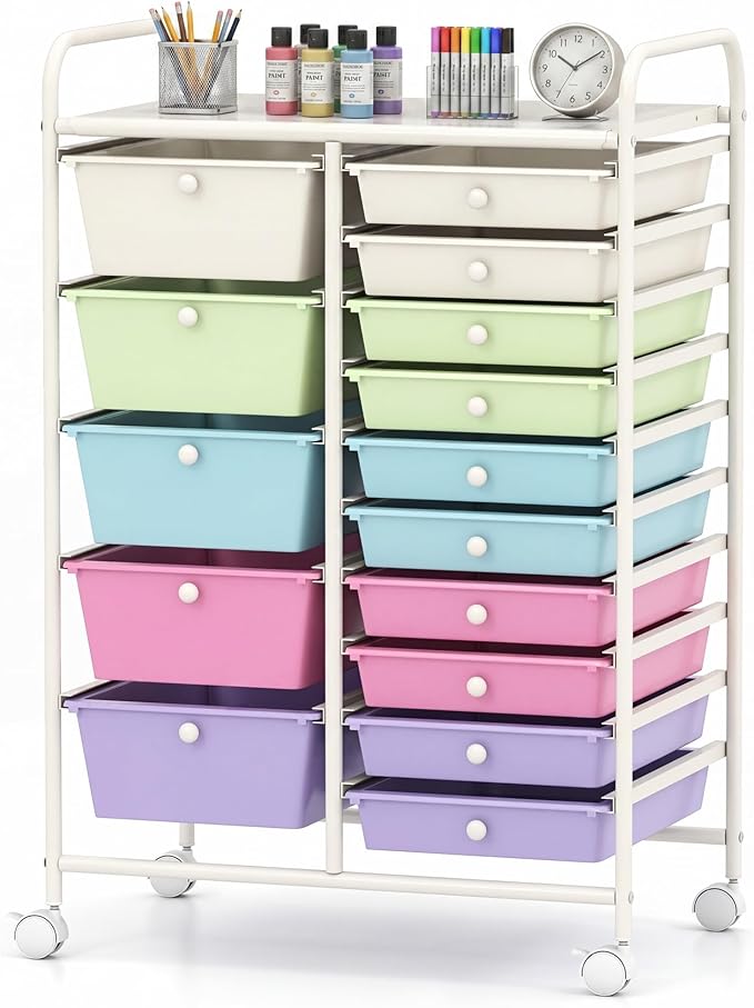 GOFLAME 15-Drawer Rolling Storage Cart, Craft Storage Cart with Removable Drawers & Lockable Wheels, Art Cart Supply Storage Organizer for Home Office Classroom, Ice Cream by GOFLAME