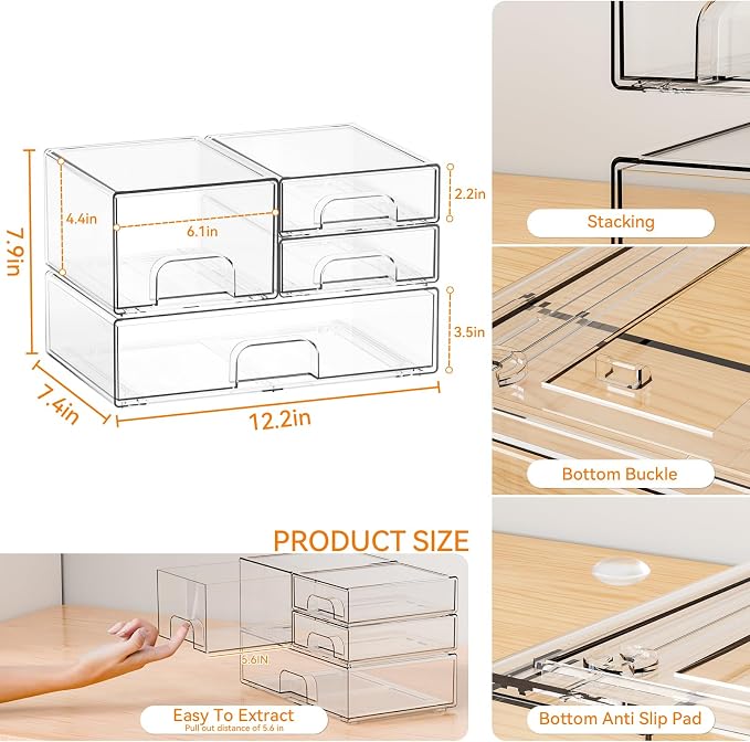 4 Pack Clear Stackable Storage Drawers,Acrylic Drawer Organizer for Medicine,Palettes,Hair Accessories and Makeup Organizer,Plastic Drawers for Cabinet,Office,Desk,Bathroom Storage Containers - Image 3