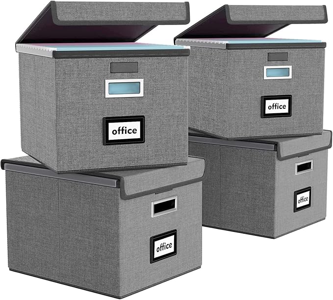 File Organizer Box with Lids, Collapsible File Folder Organizer | File Box with Plastic Slides for Document, Filing Bin for Letter Size Hanging File Folders (4 Pack, Dark Gray) by Huolewa