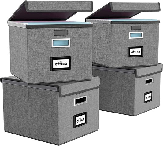 File Organizer Box with Lids, Collapsible File Folder Organizer | File Box with Plastic Slides for Document, Filing Bin for Letter Size Hanging File Folders (4 Pack, Dark Gray) by Huolewa