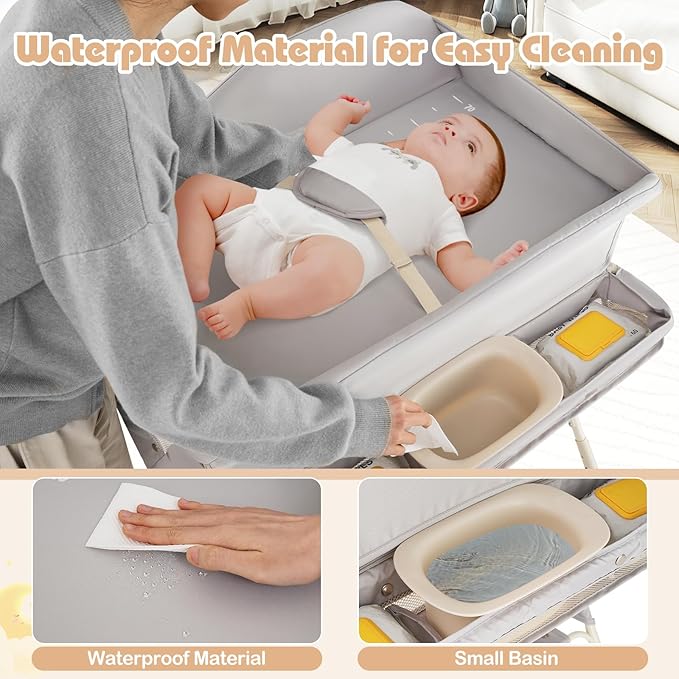 INFANS Baby Changing Table with Wheels, Portable Folding Diaper Station Nursery Organizer with Storage Basket, Hanging Rack, Adjustable Height, Safety Belt for Newborn Infant (Light Gray) - Image 3