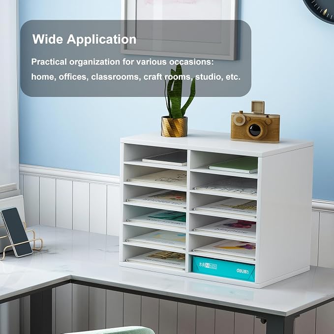 Countertop Mail Sorter Organizer, Wooden Literature Organizer, Student Mailbox for Classroom, Desktop Bill Organizer for Office Home School, 12 Compartments, White - Image 5