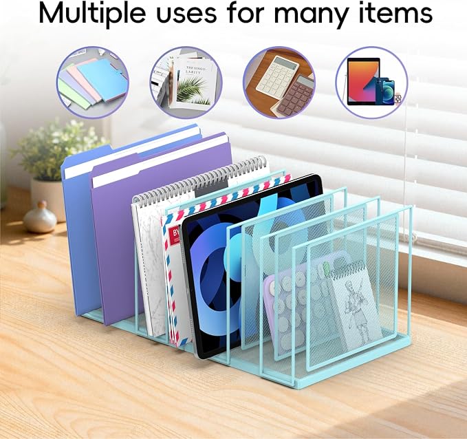File Organizer for Desk, 7-Section Vertical File Sorter, Paper Holder Organizer Standing Metal File Folder for Office Home Classroom, Blue - Image 4