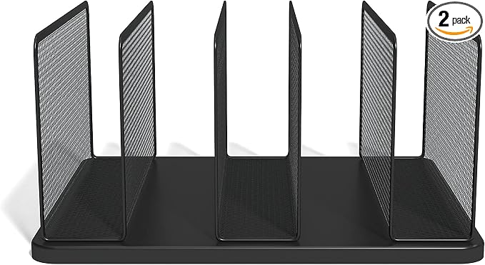 TRU RED Wire Mesh File Organizer, 5‑Compartment, Matte Black, 2‑Pack – Vertical Desktop Sorter for Files, Folders & Mail by TRURED