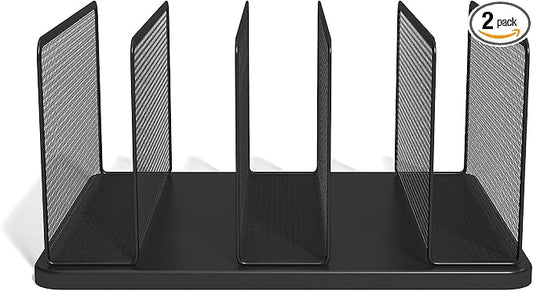 TRU RED Wire Mesh File Organizer, 5‑Compartment, Matte Black, 2‑Pack – Vertical Desktop Sorter for Files, Folders & Mail by TRURED