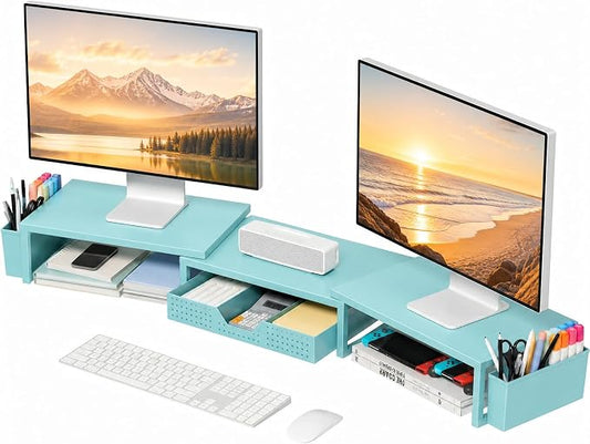 Desk Organizers and Accessories, Dual Monitor Stand Riser with Drawer and 2 Pen Holders, Desk Shelf Computer Monitor Stand for Office Workspace Organizers, Desktop Organization (Blue) by OPNICE