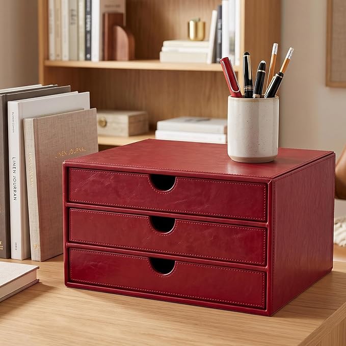 UnionBasic Document Organizer, 3-Drawer File Cabinet Document Storage Box, Office Desktop Filing Organizer, Burgundy - Image 2