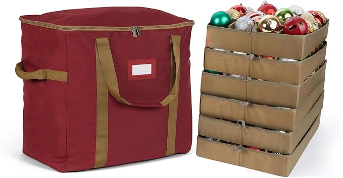 Covermates Keepsakes Adjustable Ornament Storage Bag – Heavy-Duty Polyester, Padded Dividers & FlexGrid Trays – Protective Holiday Ornament Organizer with Handles & Label Window, Red by Covermates