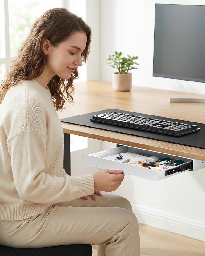 PUTORSEN Under Desk Storage Drawer 14.8" Wide - Smooth Slide Out Organizer for Standing Desk & Home Office, Max Load 17.6 lbs, Quiet Glide, White - Image 2