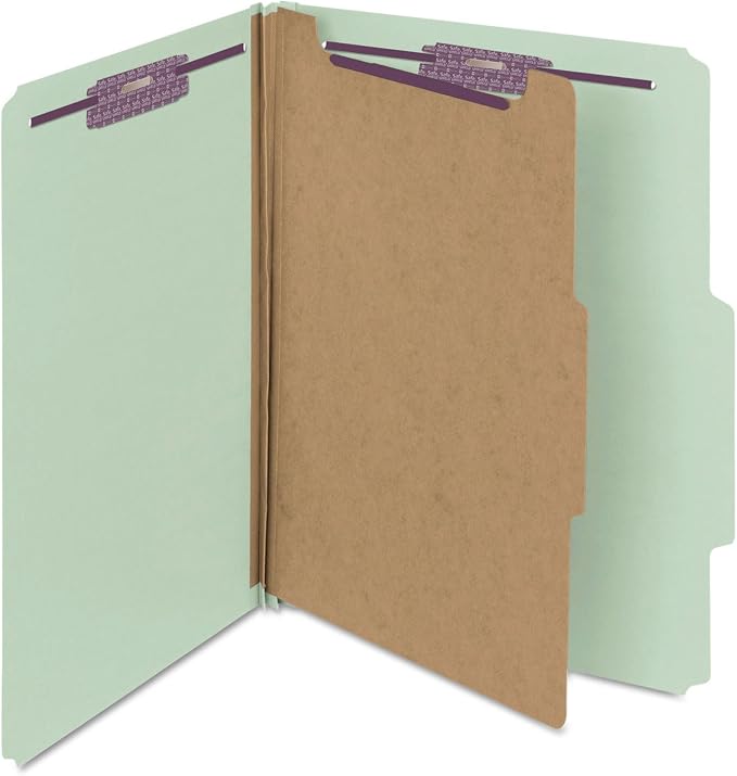 Smead Pressboard Classification File Folder with SafeSHIELD Fasteners, 1 Divider, 2" Expansion, Letter Size, Gray/Green, 10 per Box (13776) - Image 4