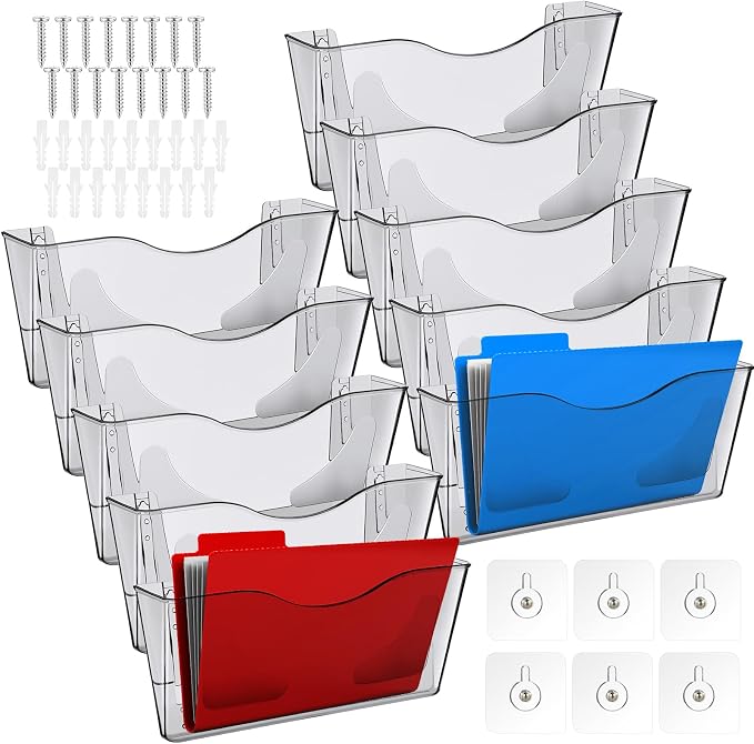 RattanView 10 Pack Acrylic Single Pocket Hanging File Organizer, Plastic Hanging Wall Mount File Holder Wall Pocket Mails Magazines Organizer Mounted Folder Bins for Office, School and Home by RattanView