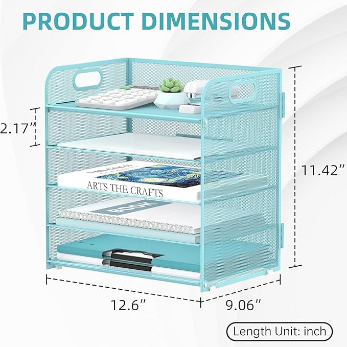 5 Trays Paper Organizer Letter Tray with Handle-Mesh Desk File Organizer, Paper Sorter Desk Organizer for Office, Home or School (Light Blue) - Image 5