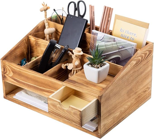 Wood Desk Drawer Organizers with File Organizer Pen holder Decor combo for Desk Organization, Office Desks, Home can arrange calculators, scissors, pens, note papers, etc. (Baked color) by VERGOODR