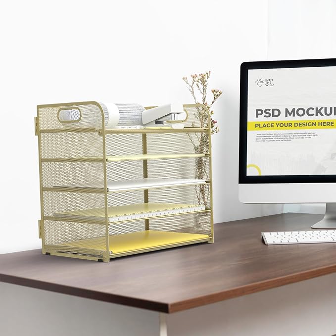 Sinboun Letter Tray Paper Organizer 5-Tier Desk Organizer File Organizer Paper Holder with Handle, Metal Desktop Document Shelf Tray Office Classroom Organization - Gold - Image 5