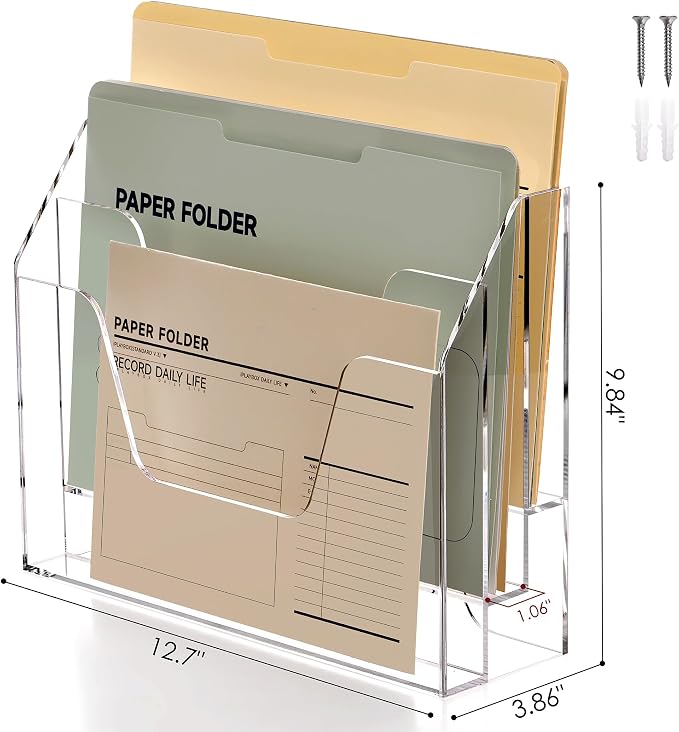 DINGHUO Acrylic Hanging Wall File Folder Organizer for Desk, Clear 3 Tier Document Paper Magazine Holder for Home, Office Organization, School - 1 Pack - Image 3