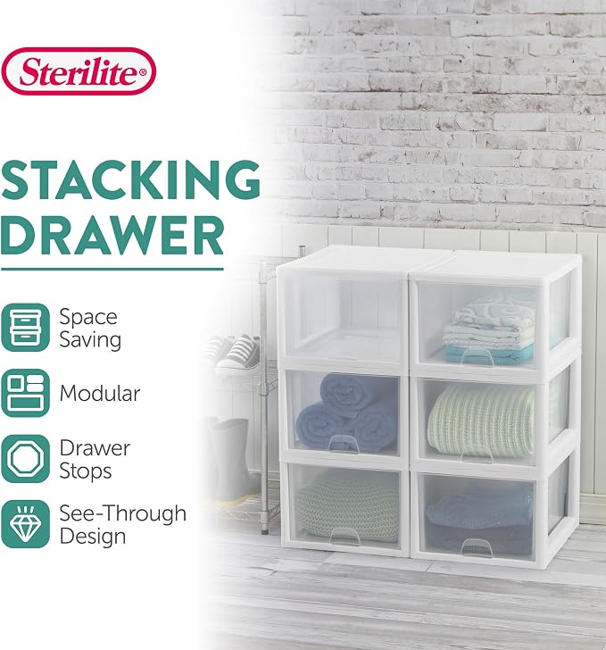 Sterilite 27 Qt Stacking Drawer, Clear Plastic Storage Organizer, 4 Pack | White Frame, Stackable Modular Clear Plastic Drawers & Containers for Clothing, Accessories, Craft Supplies, Shoes or Linens - Image 4