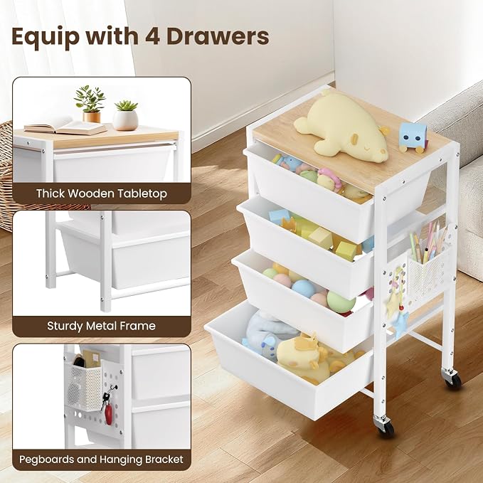 Rolling Cart with 4 Drawers, Plastic Drawer Storage Carts with Wheels & Wooden Tabletop, Metal Utility Cart with Pegboards, Office Living Room Classroom Craft Organization and Storage, Bright White - Image 5