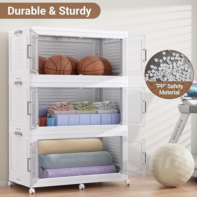 150Gal XL Stackable Storage Bins Foldable Box Cabinet for Home 3Pack White | Extra Large Plastic Boxes with Dividers Multi-Compartment Collapsible Closet Organizers and Storage Cabinet with Wheels Door - Image 6