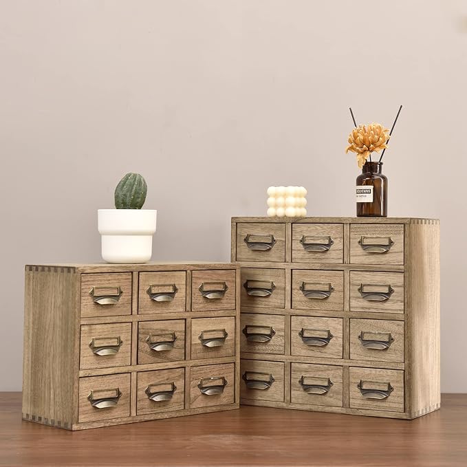 KIRIGEN Wooden Storage Cabinet, 12-Drawer Desktop Organizer, Brown 12CG-DBR | 12 Mini Drawers with Metal Label Holder Pulls for Cards, Crafts, Tea Bags, Jewelry, Office Supplies, and Small Parts - Image 9