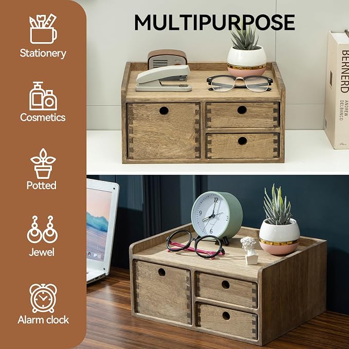 KIRIGEN Wooden Desk Organizer with 3 Drawers and Top Tray, Brown DT1D3C-DBR | 3-Drawer Cabinet with Top Tray Stores Office Supplies, Toiletries, Tools, Crafts, and Small Accessories on Desks or Counters - Image 5