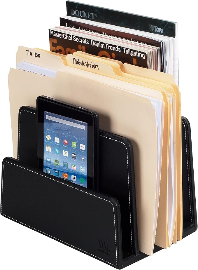 MobileVision Executive Black Desktop File Folder Paper Tray & Device Organizer 5 Slot Dividers - Image 3