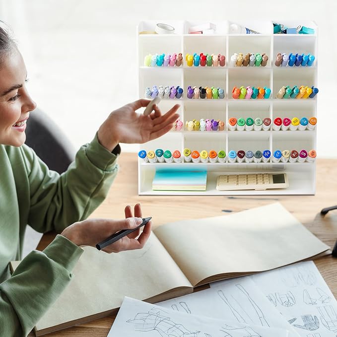 MotiMind Acrylic Pen Organizer Storage for 250 Markers Vertical Marker Organizer Acrylic Pen Display Holder for Office Desk Desktop Stationery Pencil Storage, White, 13 x 4 x 12.4 Inch - Image 6