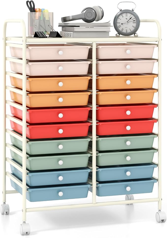 Giantex 20 Drawers Rolling Cart, Mobile Storage Drawer Cart, Classroom Organizer Cart for Office School Supplies Teacher Tools Scrapbook Paper Craft Small Printer, Utility Cart on Wheels, Macaron by Giantex