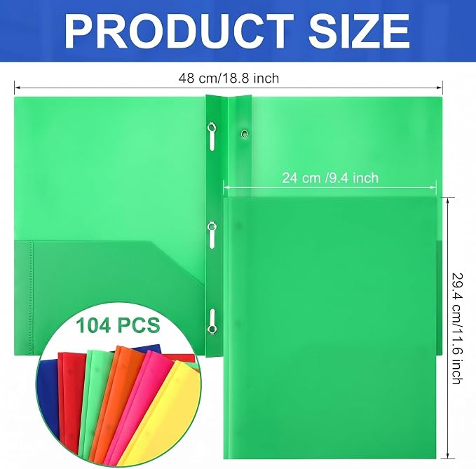 Cholemy 104 Packs Pocket Folders with Prongs Heavy Duty Plastic Folder with Business Card Slot 3 Prong Fasteners for School Office (Vivid) - Image 2