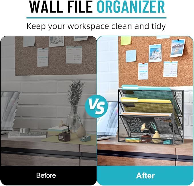 Wall File Organizer Mesh Office Mail Holder, Hanging Wall Organizer Magazine Rack for Office Black, 4 Tier - Image 7