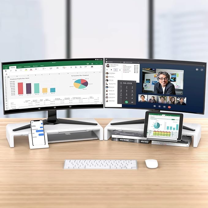 Monitor Stand Riser, Klearlook Foldable Computer Monitor Riser, Height Adjustable Computer Stand, Desk Shelf Riser with Storage Drawer & Tablet Phone Stand for Computer, Desktop, Laptop (White 2 Pack) - Image 2