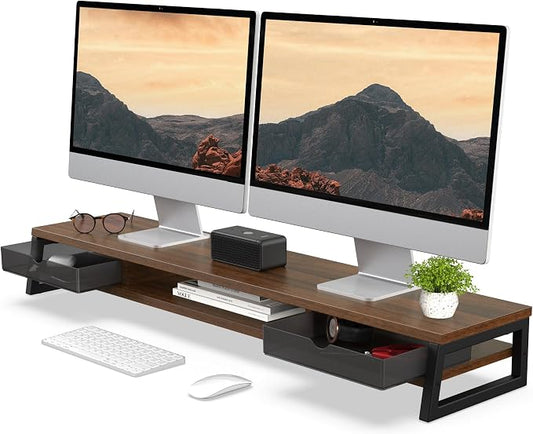 Fenge Dual Monitor Stand Riser, 42.5in Desk Shelf with 2 Drawers, Brown | 2-Tier Monitor Shelf for Desk, Storage Drawer with Stopper, Frosted, fit Home Office, Ultrawide Screen, PC, Laptop, TV by Fenge