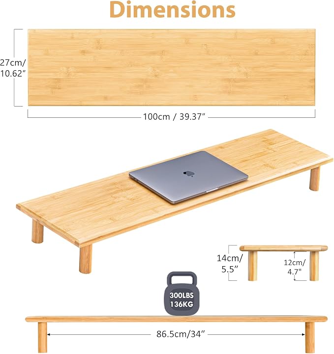 Bamboo Dual Monitor Stand Riser, Natural Desktop Shelf with Storage | 39.37-Inch Wide, Under-Shelf Storage for Keyboard, Mouse and Laptop, Fits Two 24-Inch Monitors in Home Office - Image 4